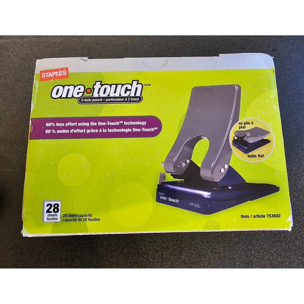 Staples One-Touch‎ 2-Hole Punch 28 Sheet Capacity Black 753682 Folds Flat